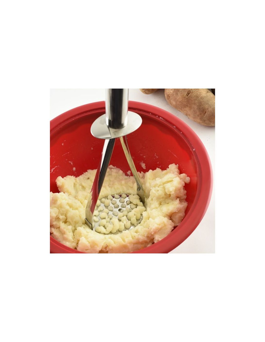 Machacador de papas y frijoles hecho de acero inoxidable (30 cm de largo)  Diseño vanguardista ligero y resistente, con orificios distribuidos para  triturar alimentos - Mango sólido para manipulación segura en cocina